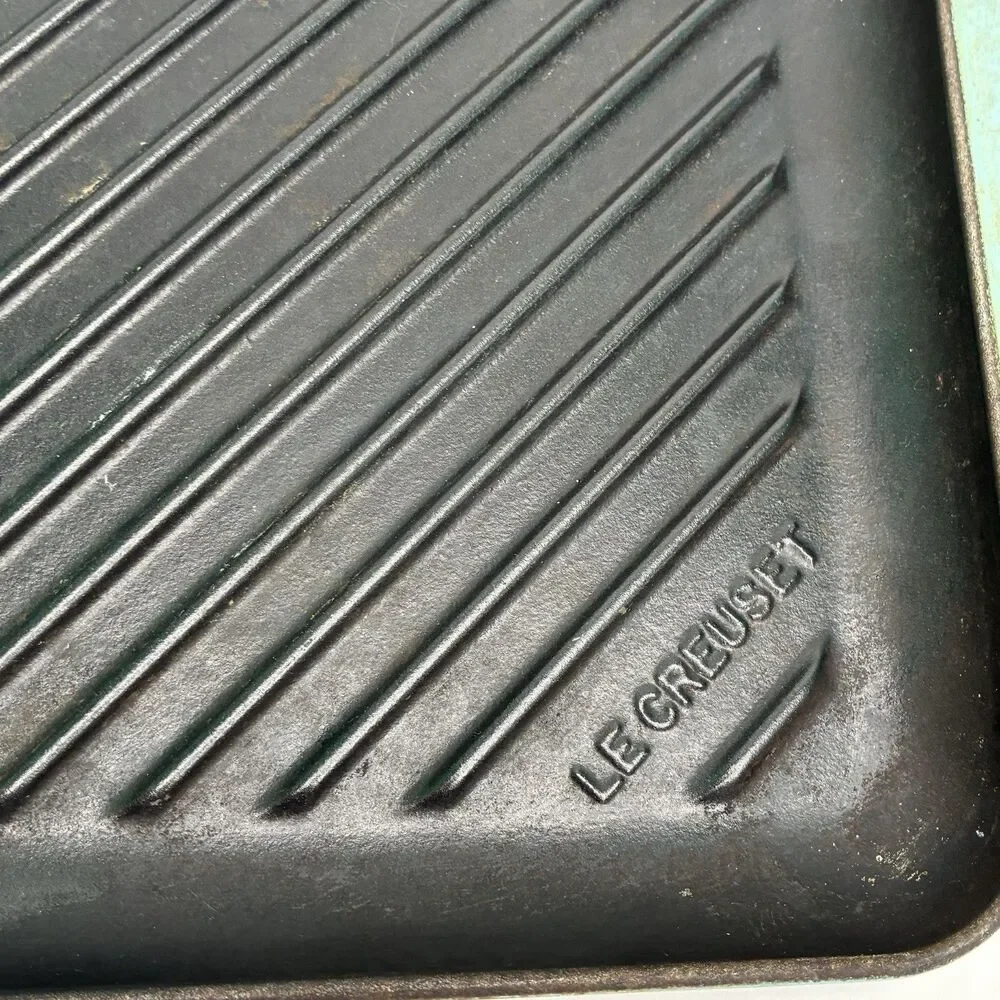 Le Creuset Blue Enameled Square Handle Cast Iron Grill Griddle Pan #24 Pre-owned